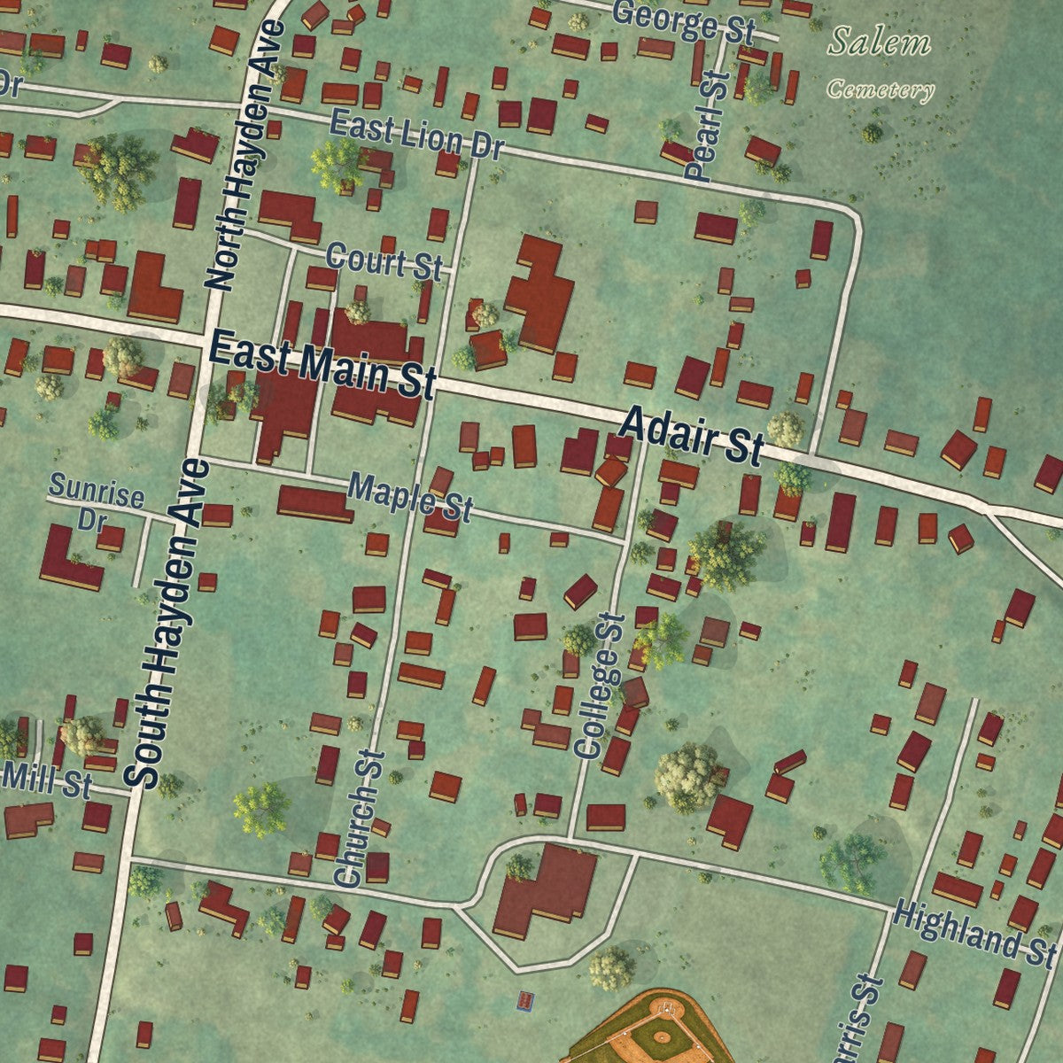 Close-up of the map of Salem, Kentucky print showing street and building detail