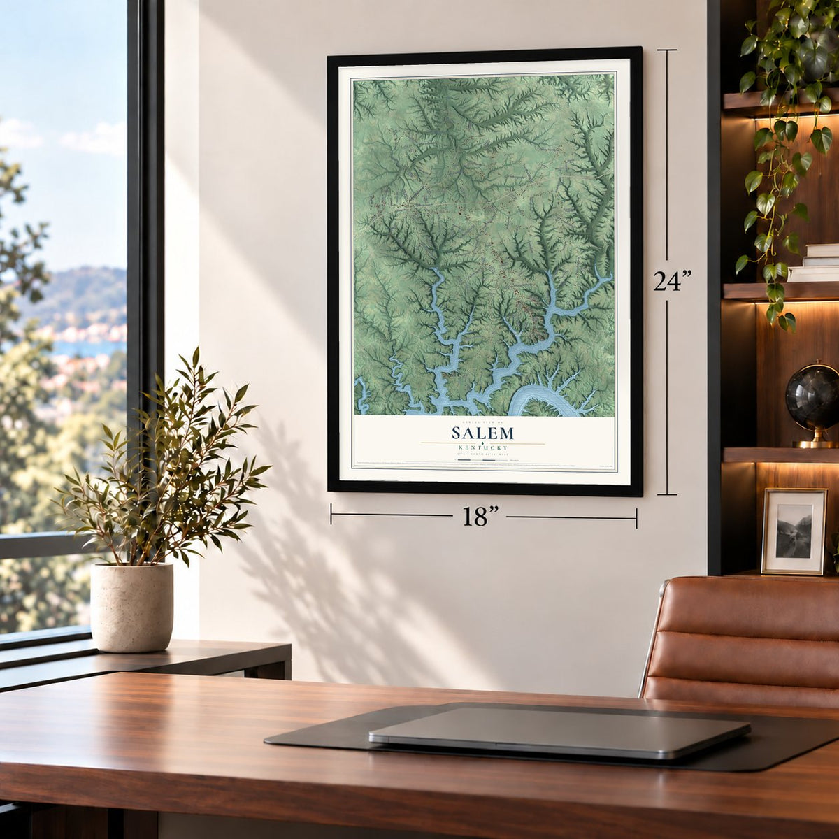 Salem, Russell County, Kentucky map, 18 x 24 inch print in a black frame in a home office