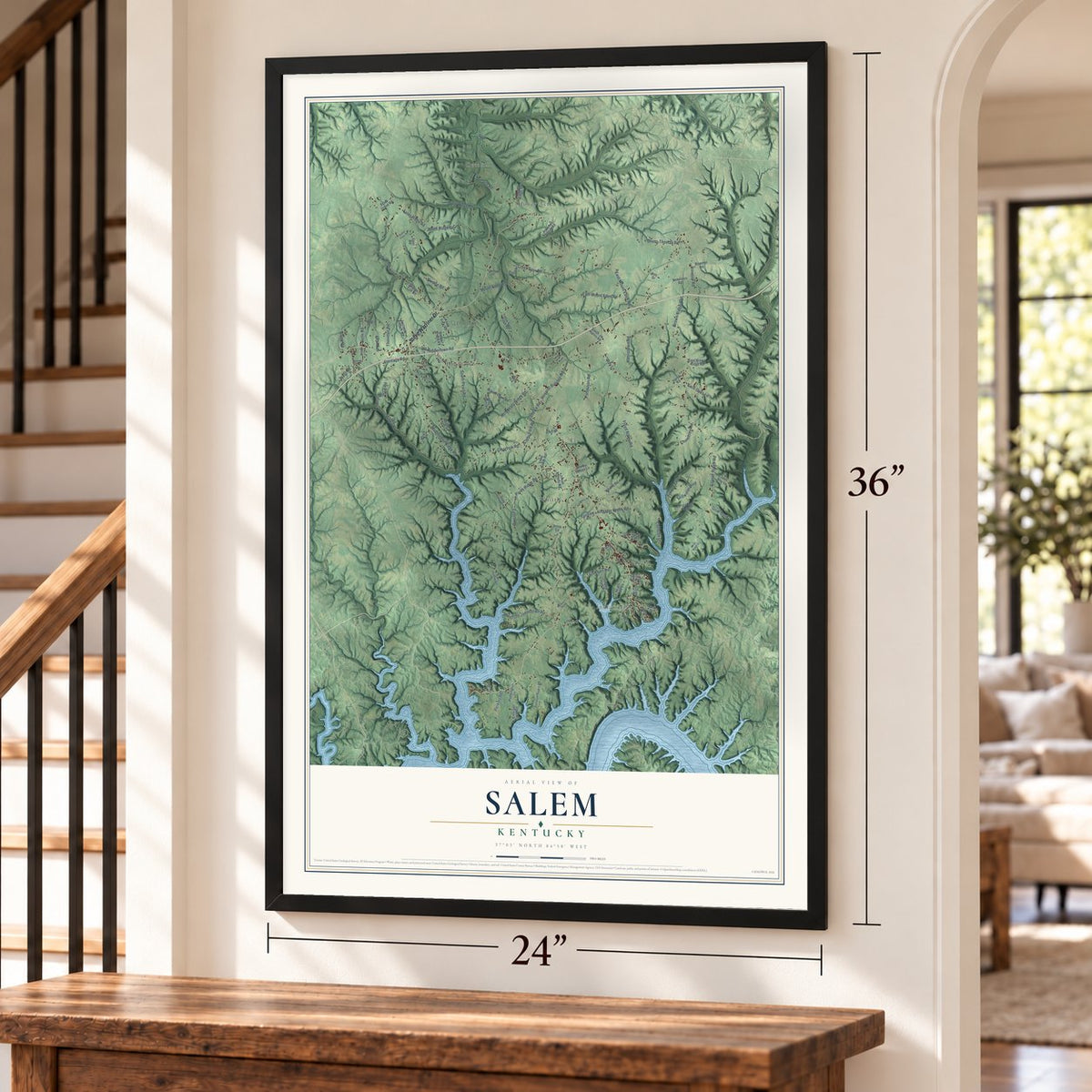 Salem, Russell County, Kentucky map, 24 x 36 inch print in a black frame by a staircase