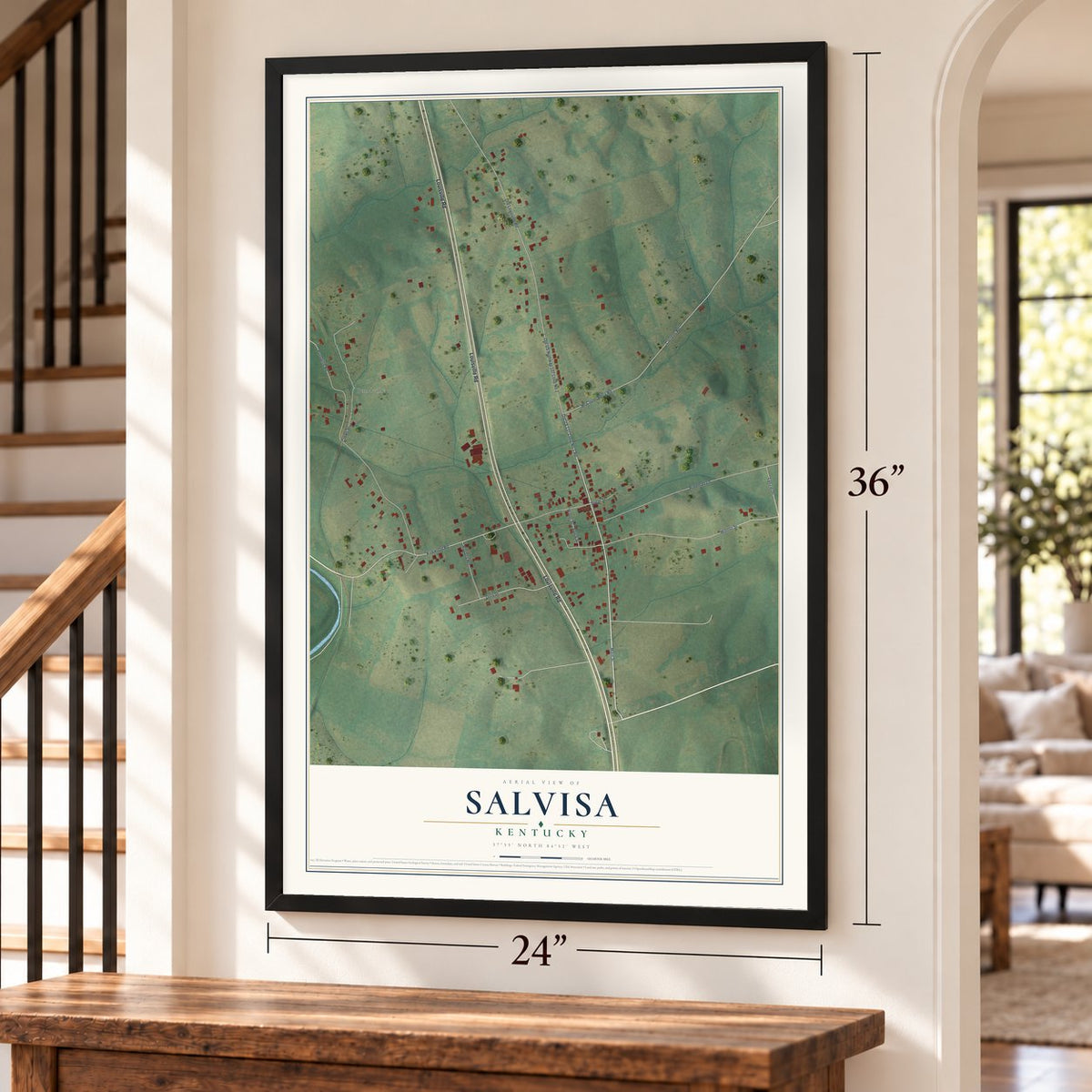 Salvisa, Kentucky map, 24 x 36 inch print in a black frame by a staircase