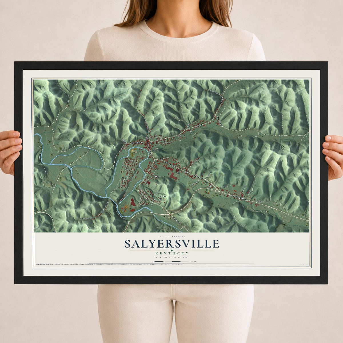 Map of Salyersville, Kentucky, 18 x 24 inch print in a black wood frame