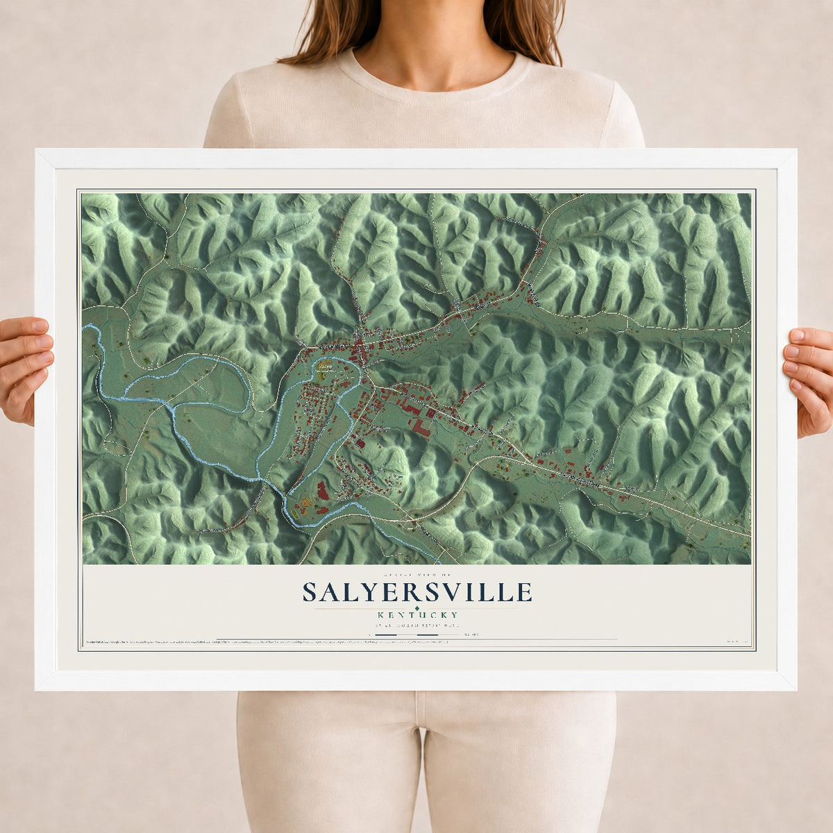 Map of Salyersville, Kentucky, 18 x 24 inch print in a white wood frame