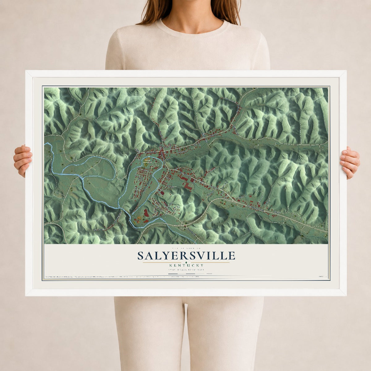 Map of Salyersville, Kentucky, 24 x 36 inch print in a white wood frame