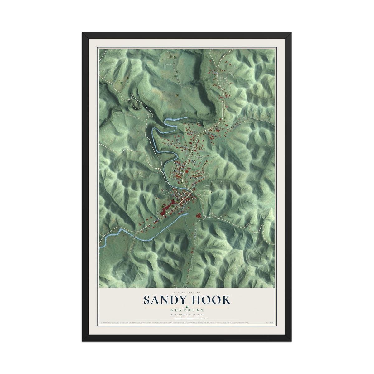 Map of Sandy Hook, Kentucky, 12 x 18 inch print in a black wood frame