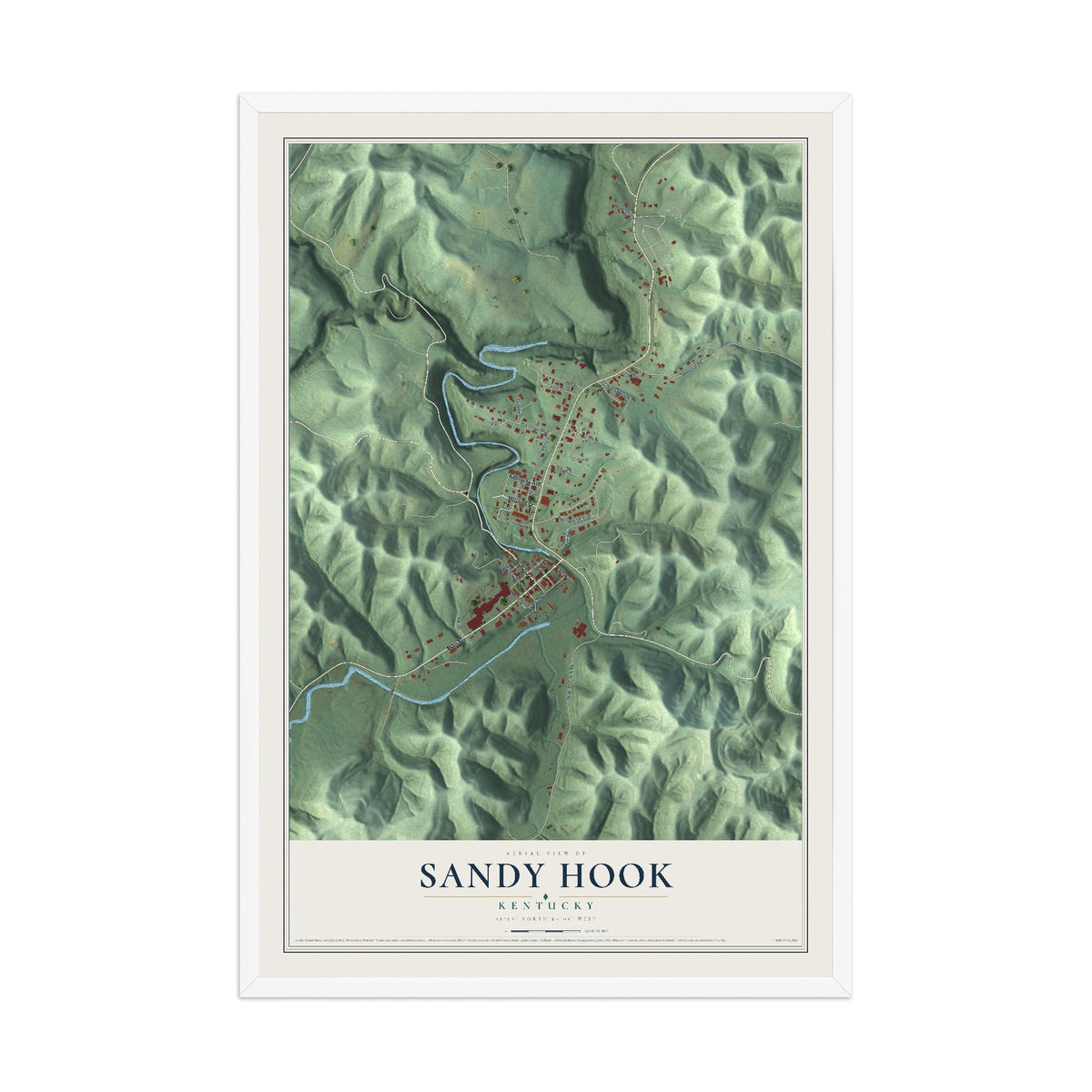 Map of Sandy Hook, Kentucky, 12 x 18 inch print in a white wood frame