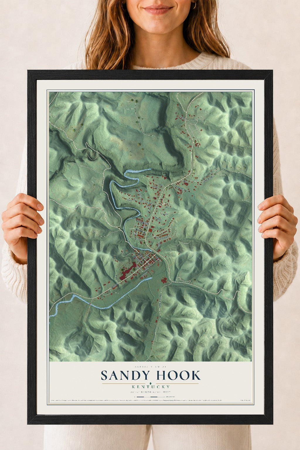 Map of Sandy Hook, Kentucky, 18 x 24 inch print in a black wood frame