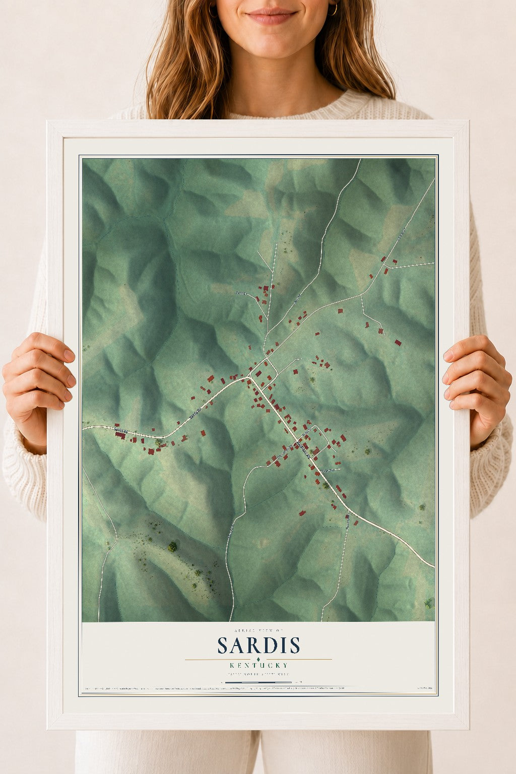 Map of Sardis, Kentucky, 18 x 24 inch print in a white wood frame