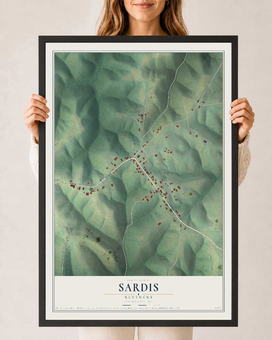Map of Sardis, Kentucky, 24 x 36 inch print in a black wood frame