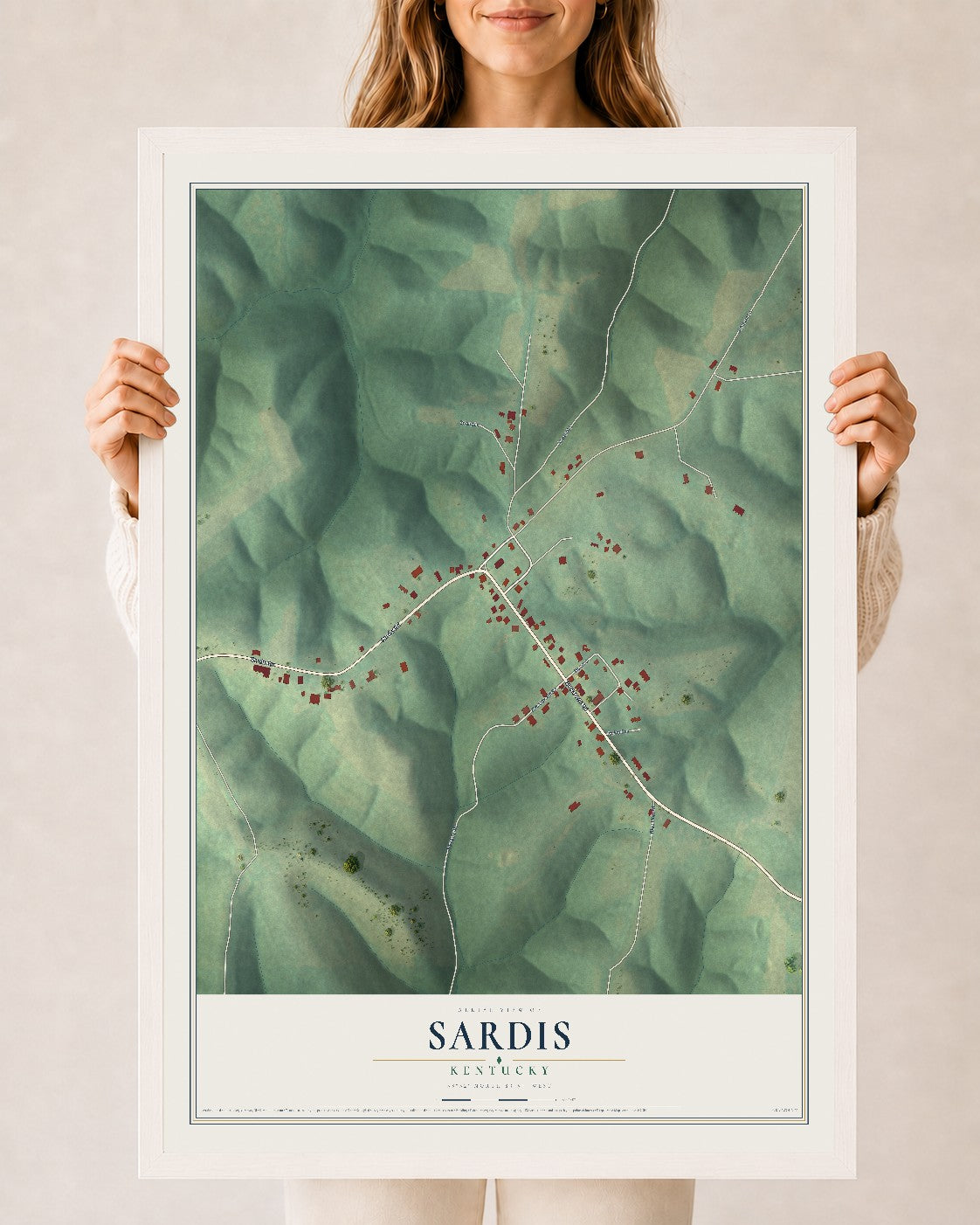 Map of Sardis, Kentucky, 24 x 36 inch print in a white wood frame