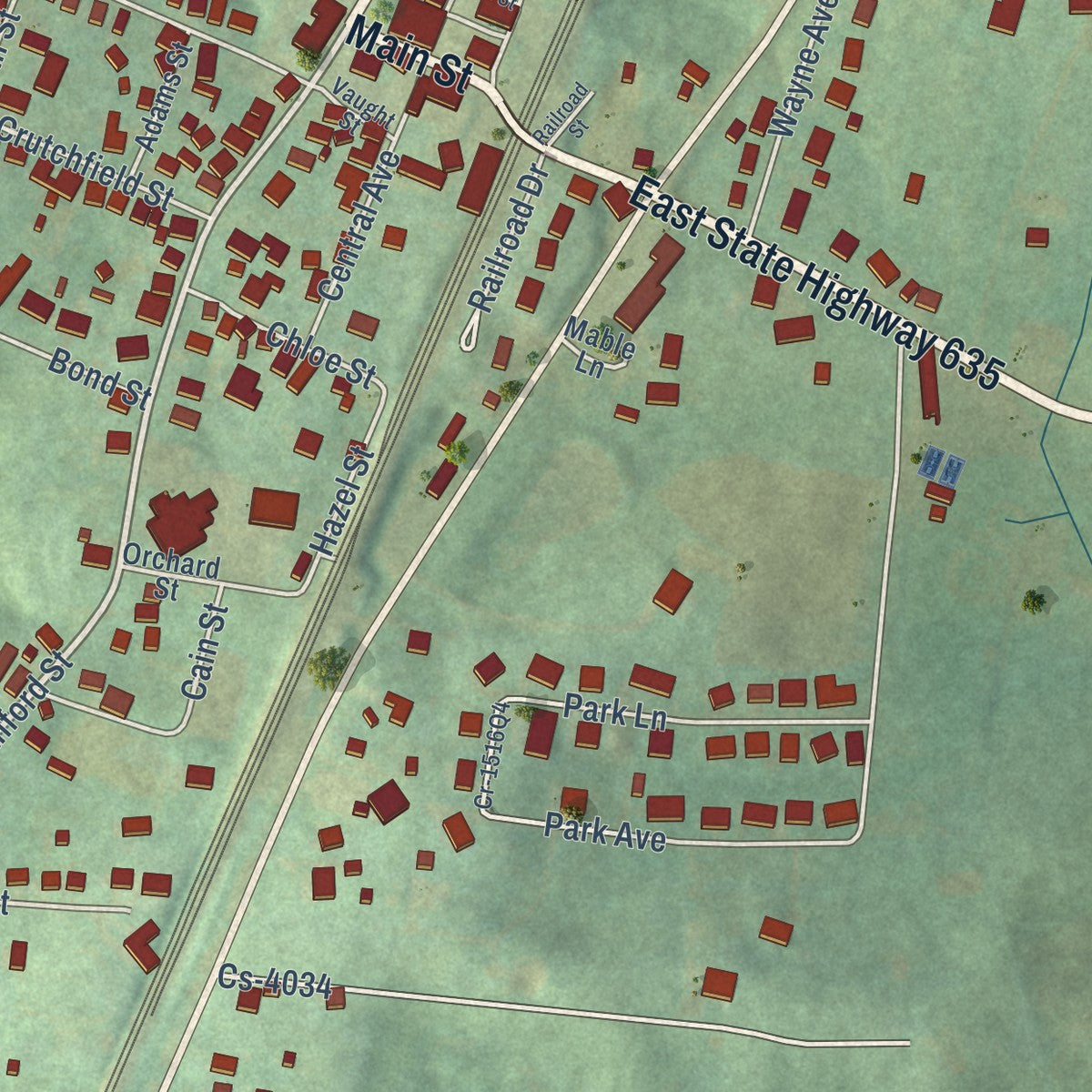 Close-up of the map of Science Hill, Kentucky print showing street and building detail