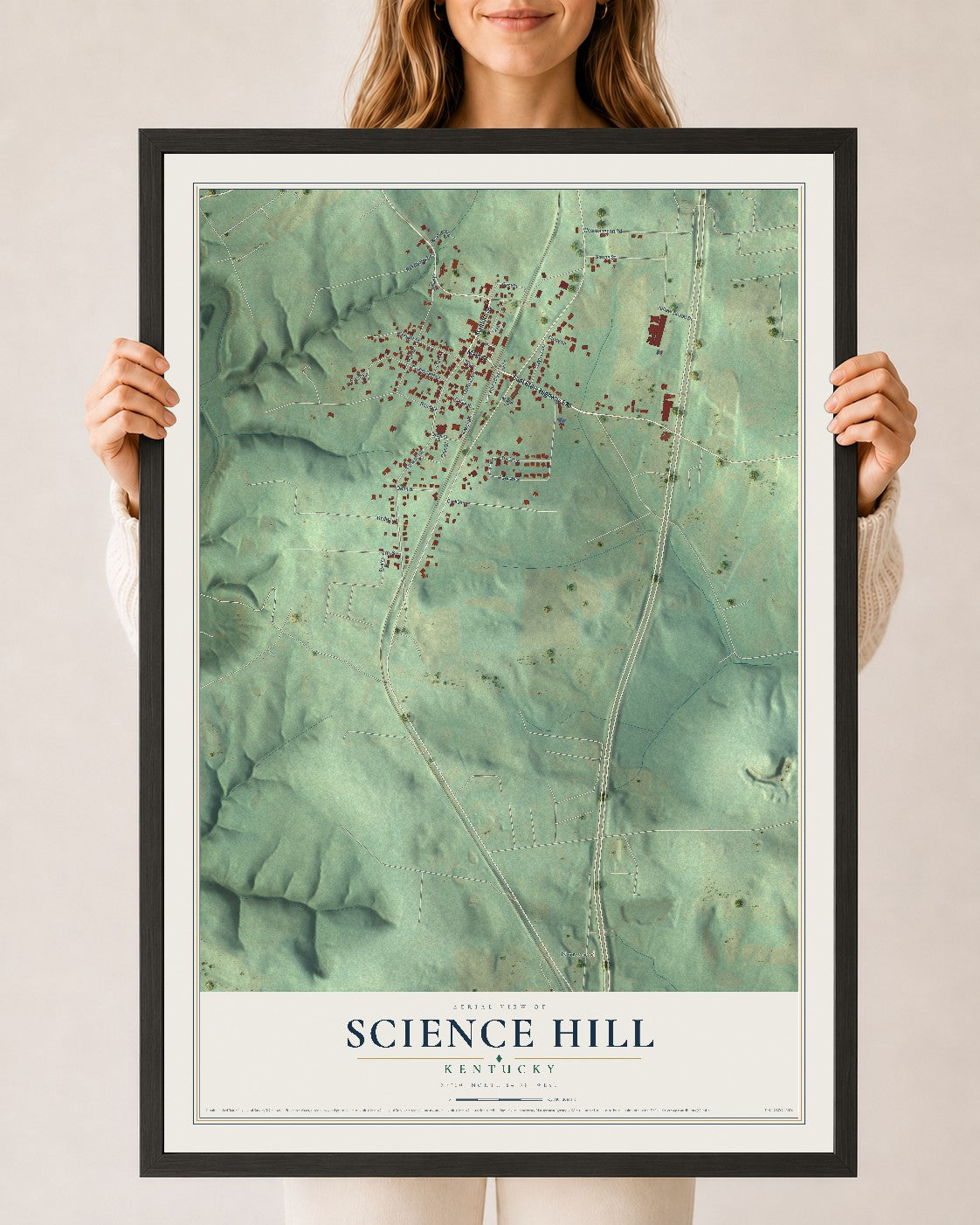 Map of Science Hill, Kentucky, 24 x 36 inch print in a black wood frame