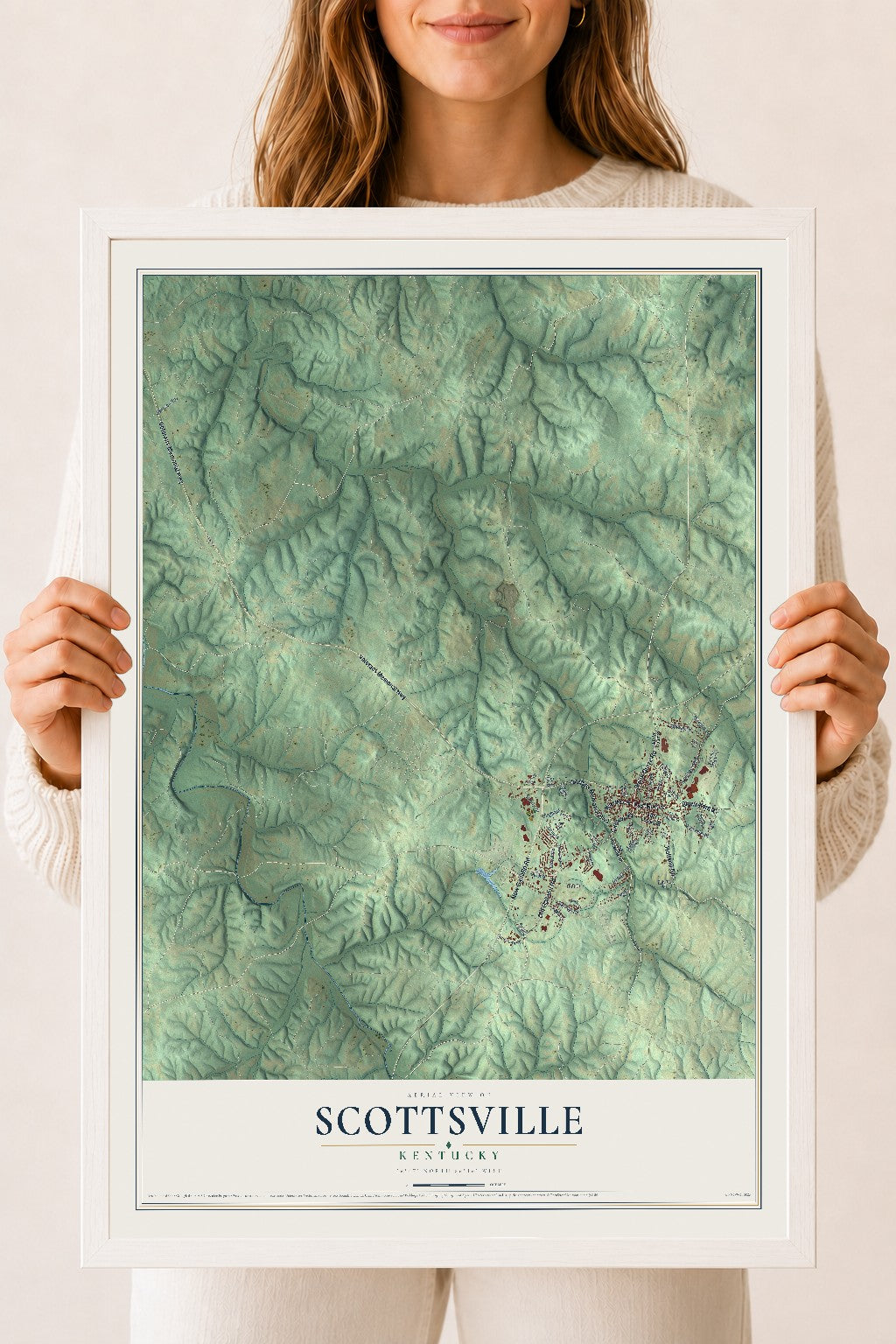 Map of Scottsville, Kentucky, 18 x 24 inch print in a white wood frame