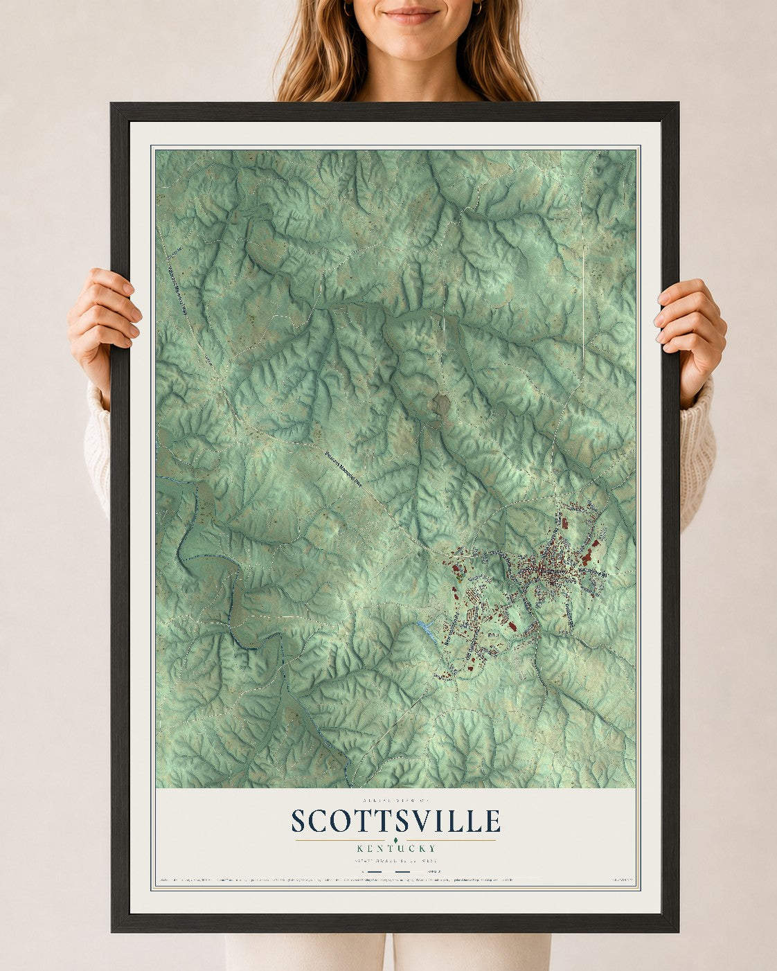 Map of Scottsville, Kentucky, 24 x 36 inch print in a black wood frame