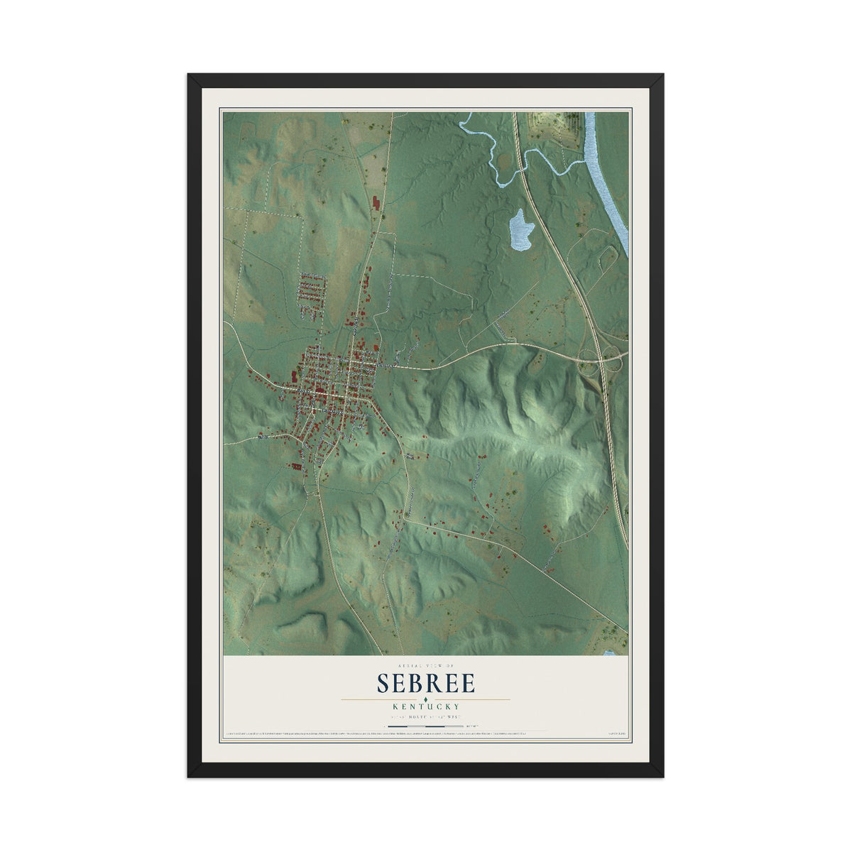 Map of Sebree, Kentucky, 12 x 18 inch print in a black wood frame