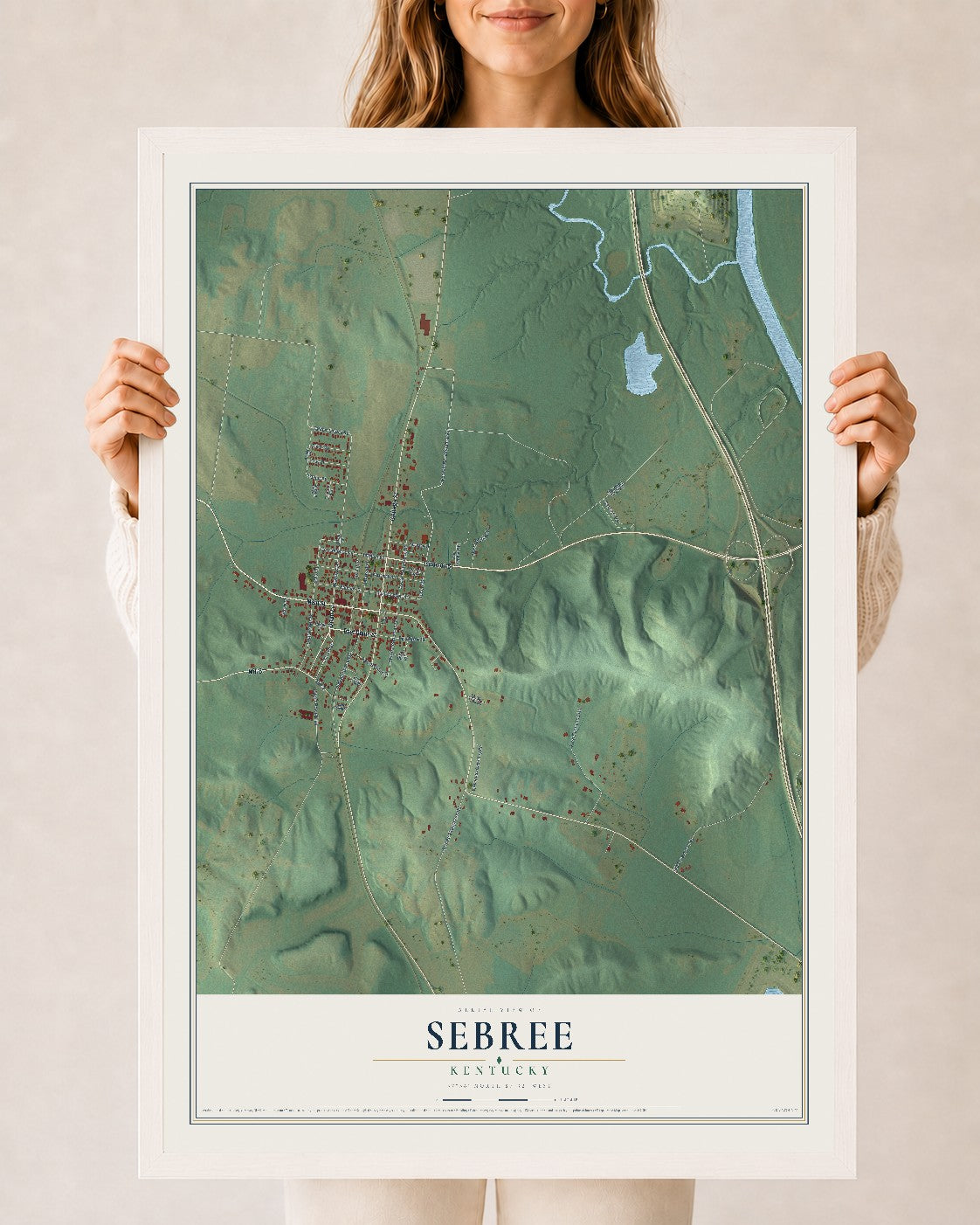 Map of Sebree, Kentucky, 24 x 36 inch print in a white wood frame