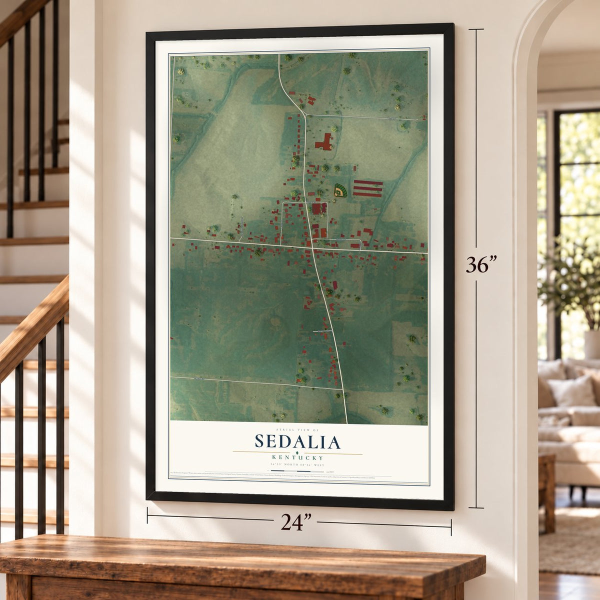 Sedalia, Kentucky map, 24 x 36 inch print in a black frame by a staircase