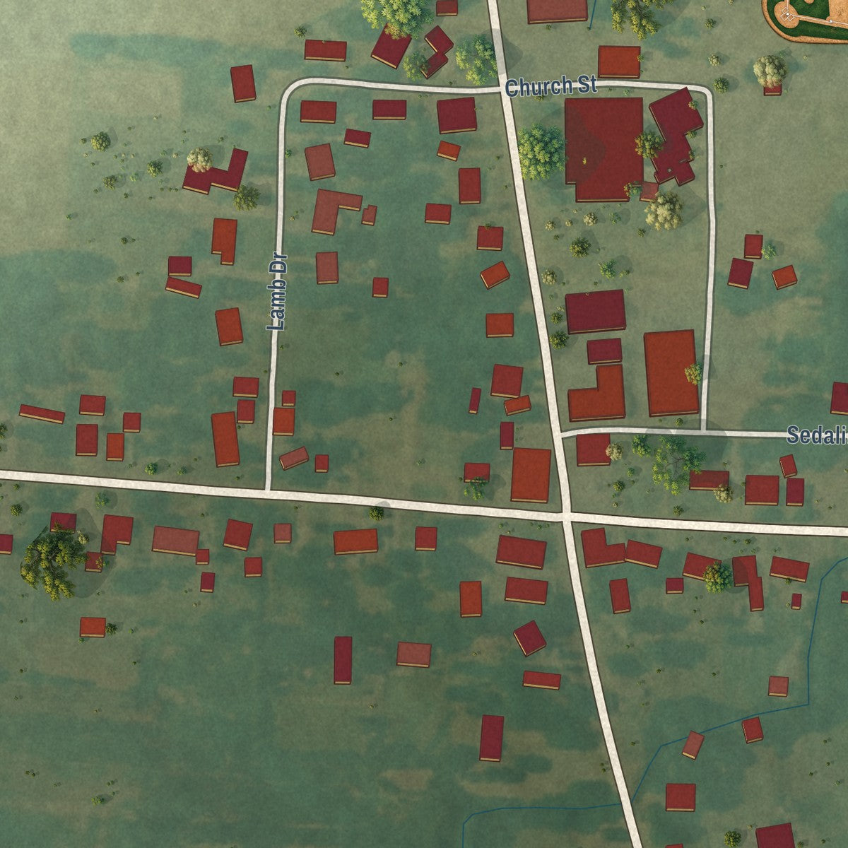 Close-up of the map of Sedalia, Kentucky print showing street and building detail