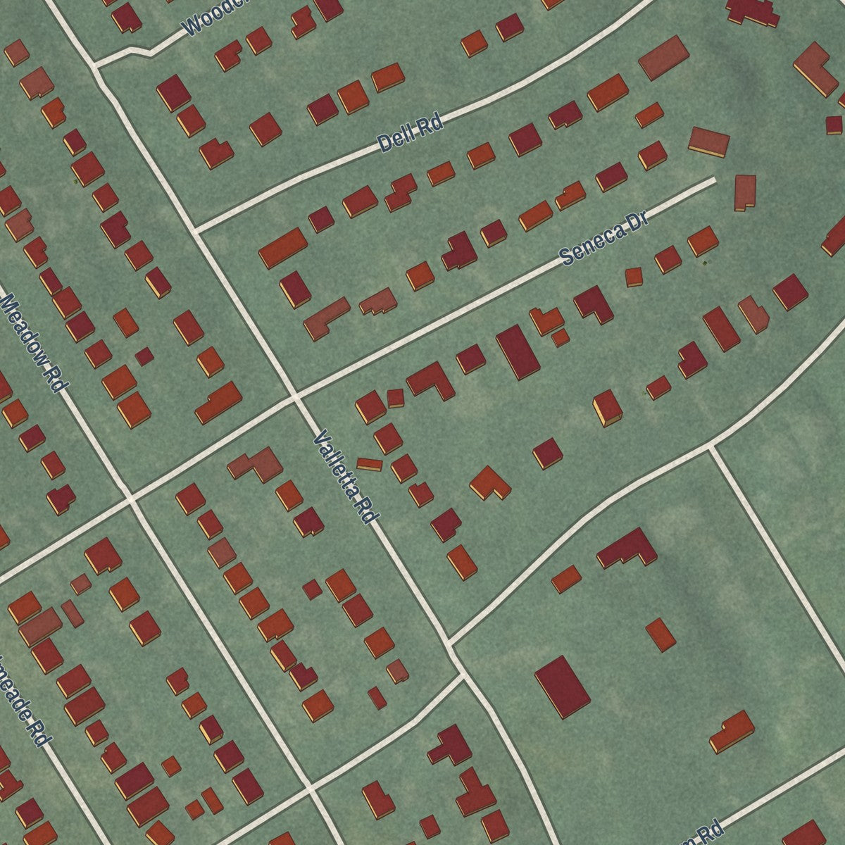 Close-up of the map of Seneca Gardens, Kentucky print showing street and building detail