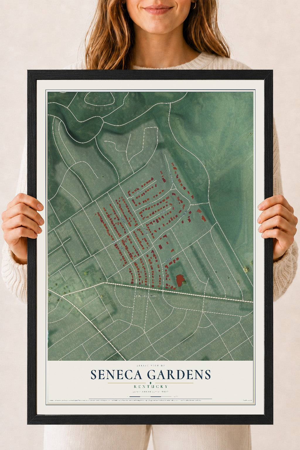 Map of Seneca Gardens, Kentucky, 18 x 24 inch print in a black wood frame