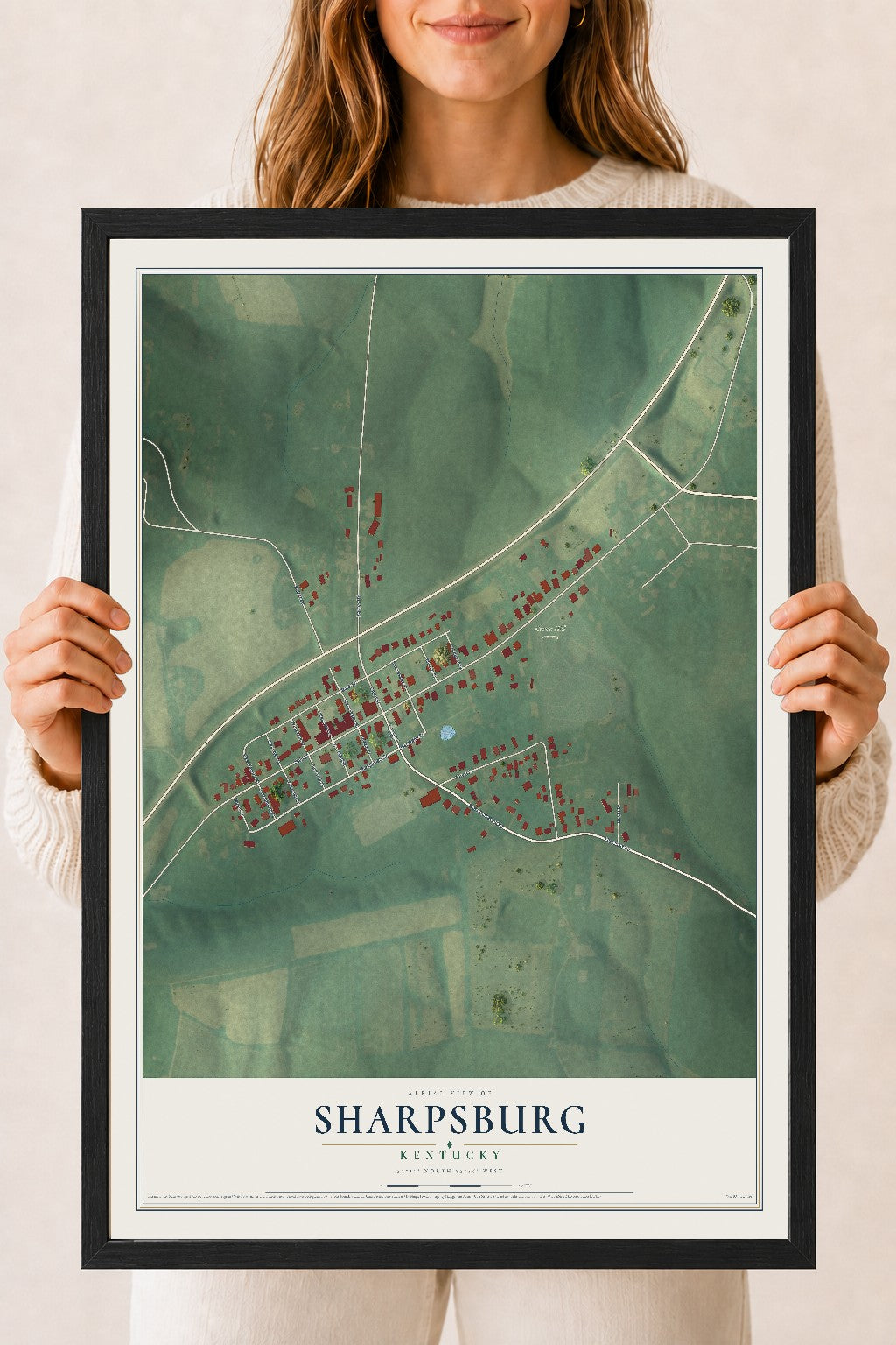 Map of Sharpsburg, Kentucky, 18 x 24 inch print in a black wood frame
