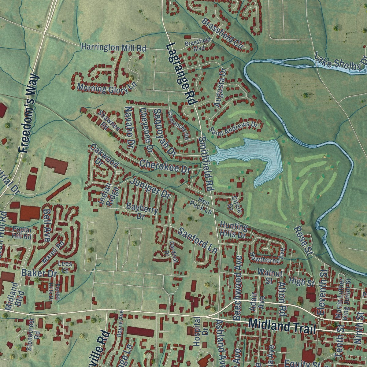 Close-up of the map of Shelbyville, Kentucky print showing street and building detail