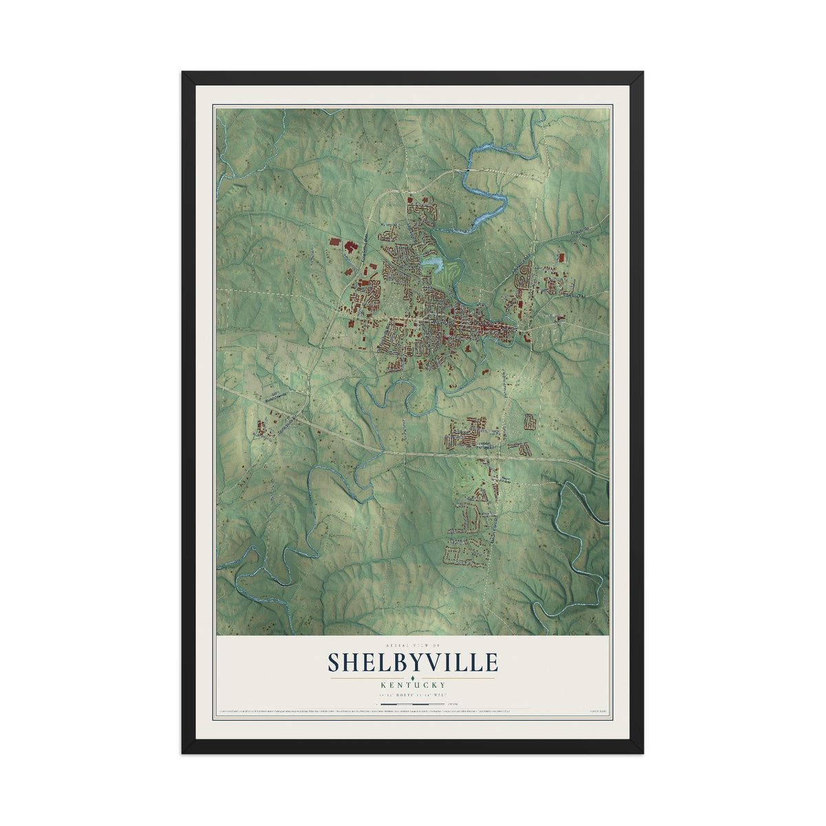 Map of Shelbyville, Kentucky, 12 x 18 inch print in a black wood frame
