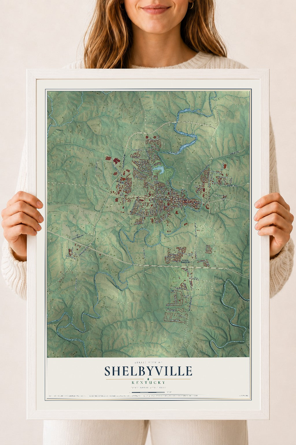 Map of Shelbyville, Kentucky, 18 x 24 inch print in a white wood frame