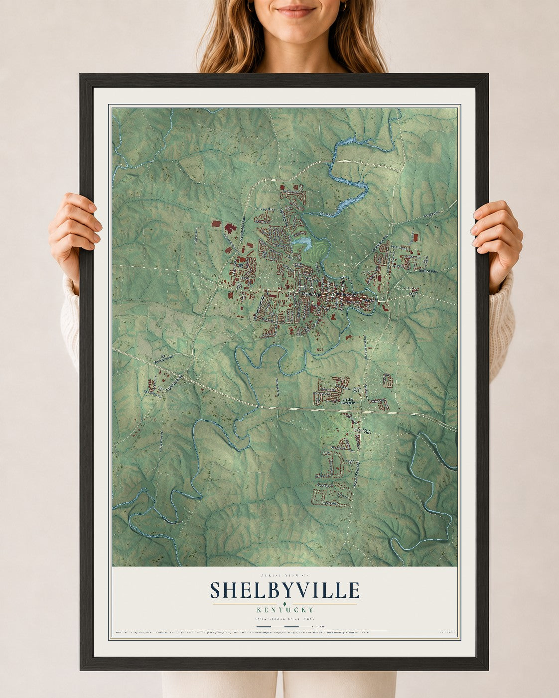 Map of Shelbyville, Kentucky, 24 x 36 inch print in a black wood frame