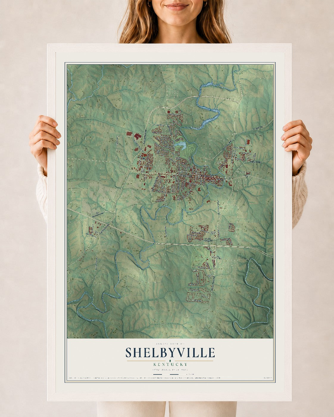 Map of Shelbyville, Kentucky, 24 x 36 inch print in a white wood frame