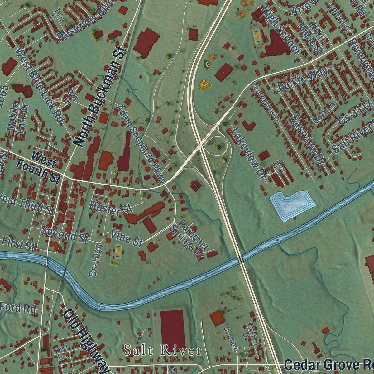 Close-up of the map of Shepherdsville, Kentucky print showing street and building detail