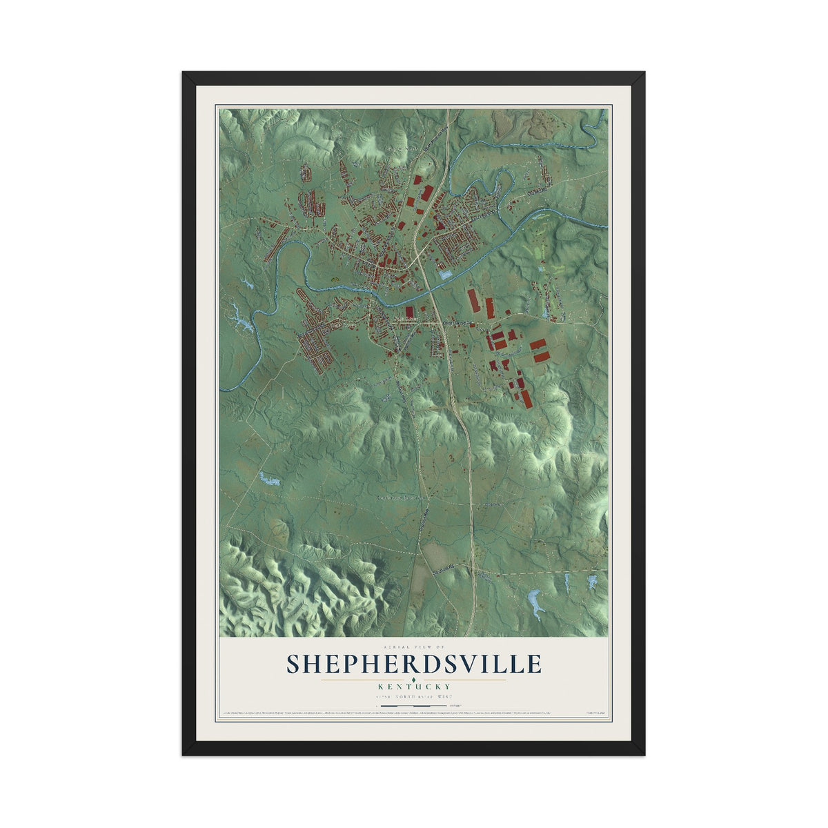 Map of Shepherdsville, Kentucky, 12 x 18 inch print in a black wood frame