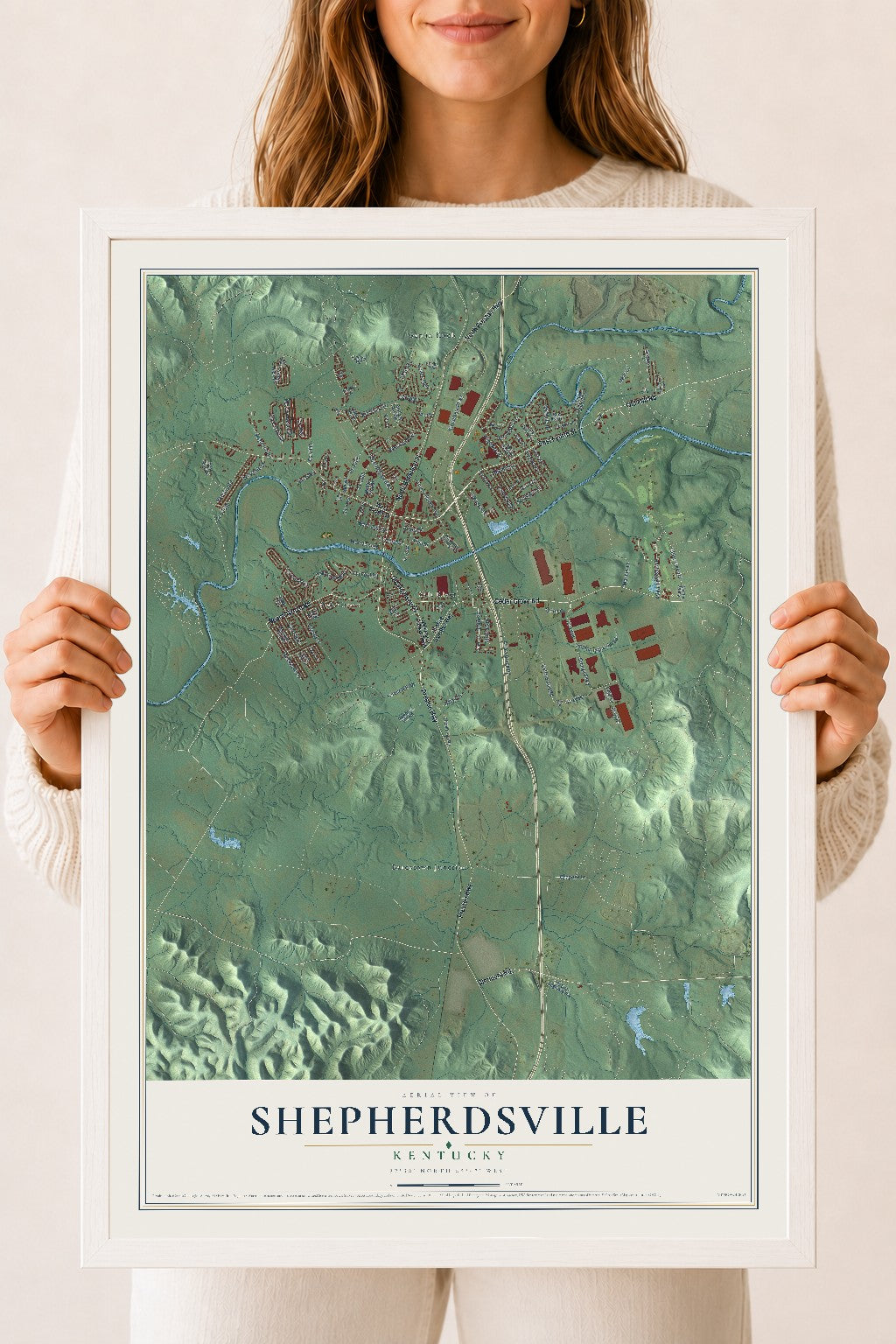 Map of Shepherdsville, Kentucky, 18 x 24 inch print in a white wood frame