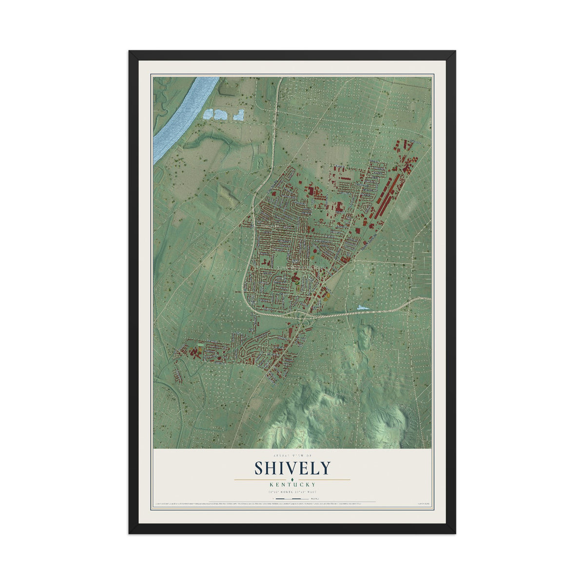 Map of Shively, Kentucky, 12 x 18 inch print in a black wood frame
