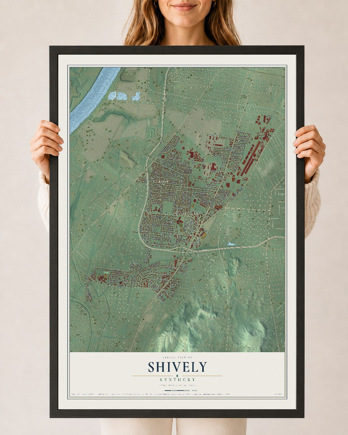 Map of Shively, Kentucky, 24 x 36 inch print in a black wood frame