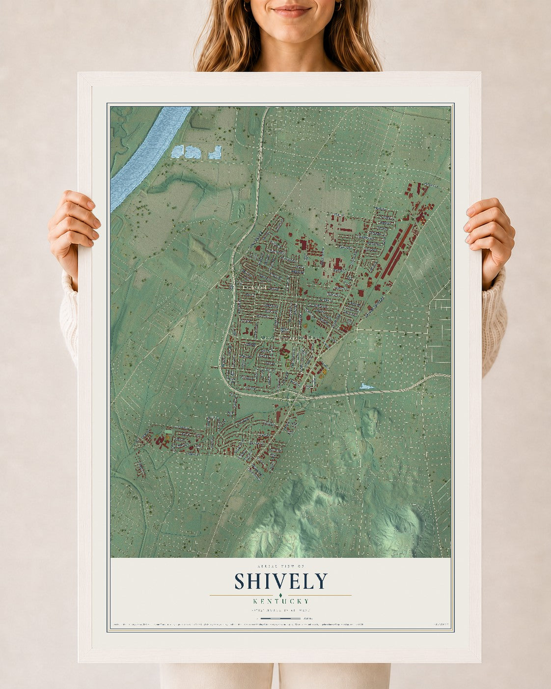 Map of Shively, Kentucky, 24 x 36 inch print in a white wood frame