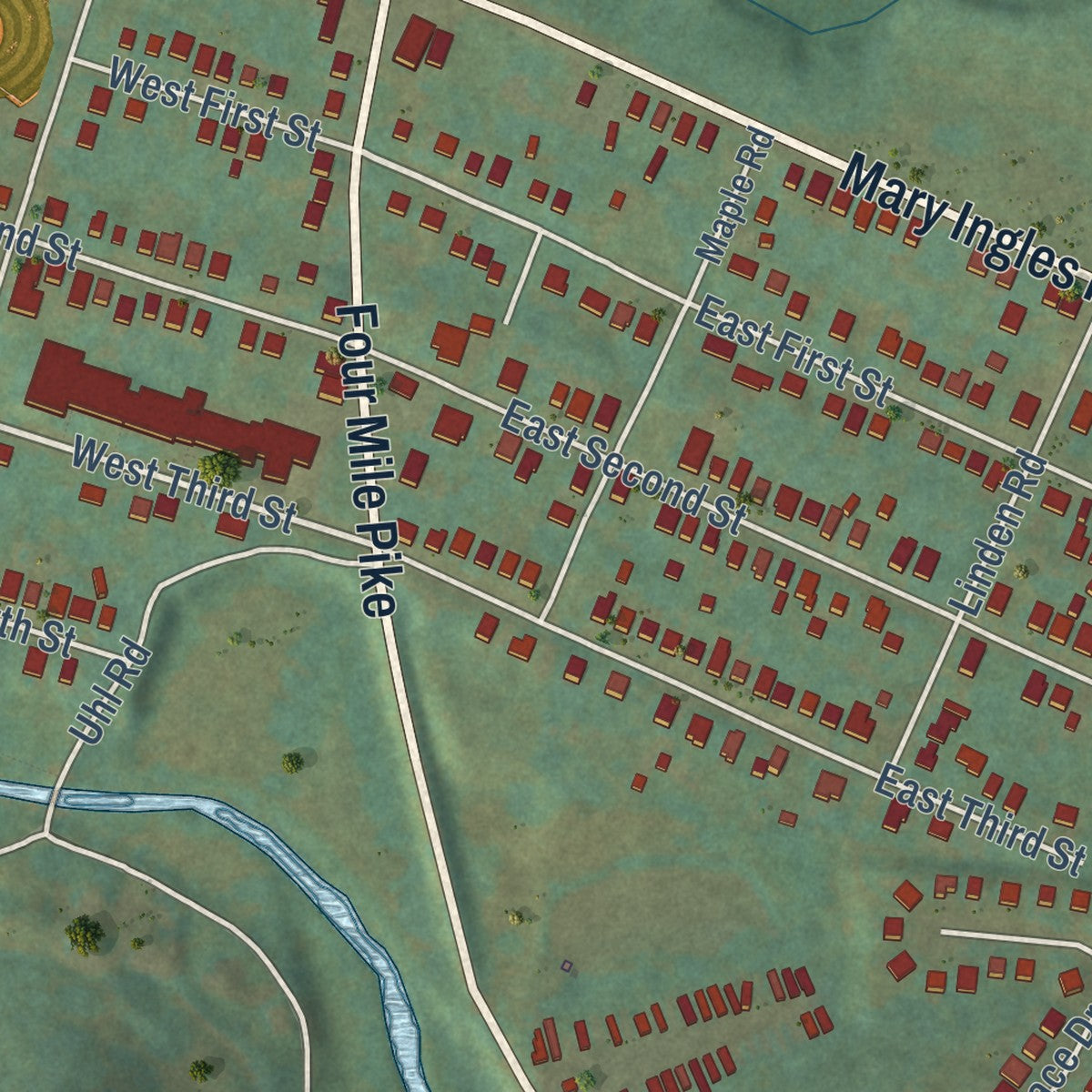 Close-up of the map of Silver Grove, Kentucky print showing street and building detail