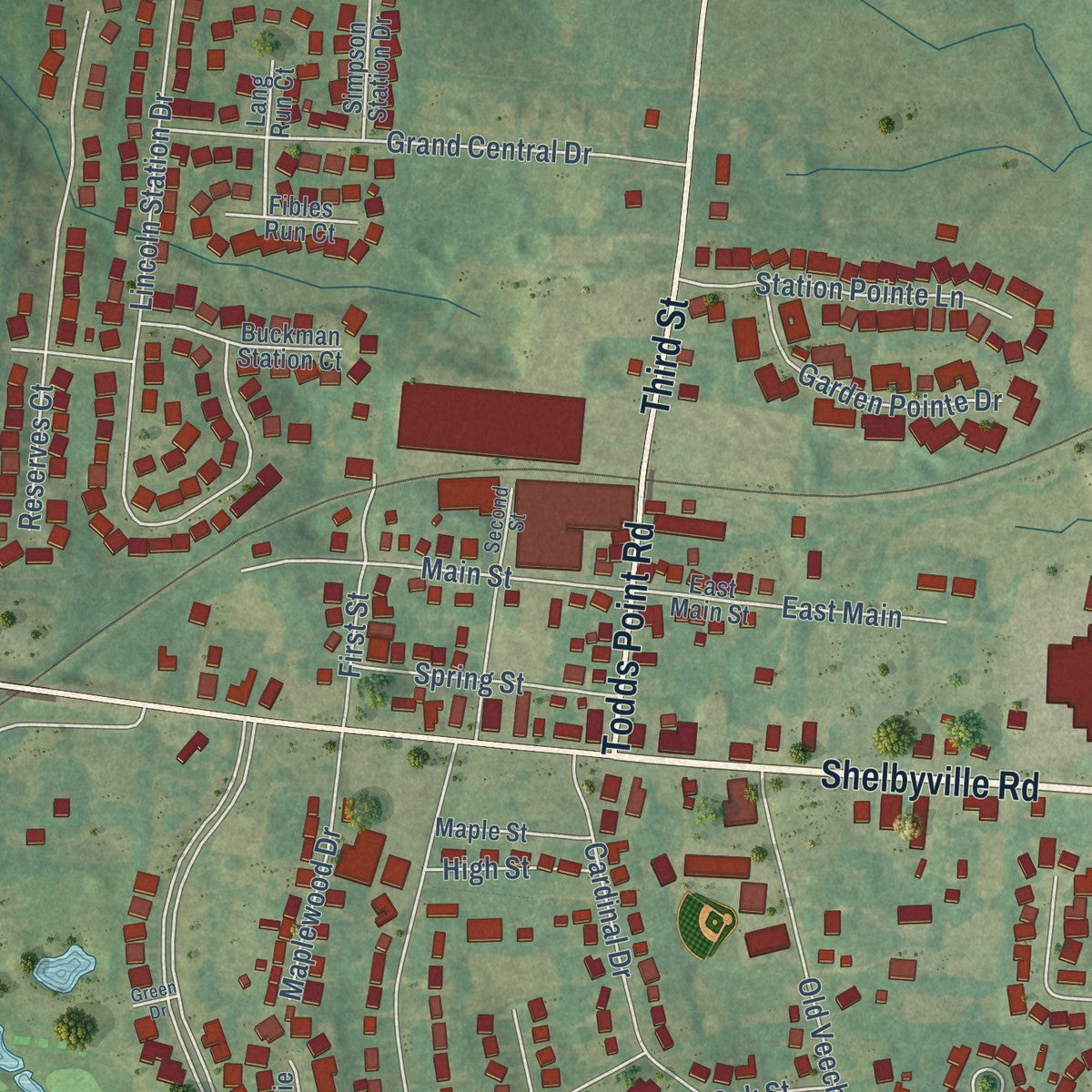 Close-up of the map of Simpsonville, Kentucky print showing street and building detail