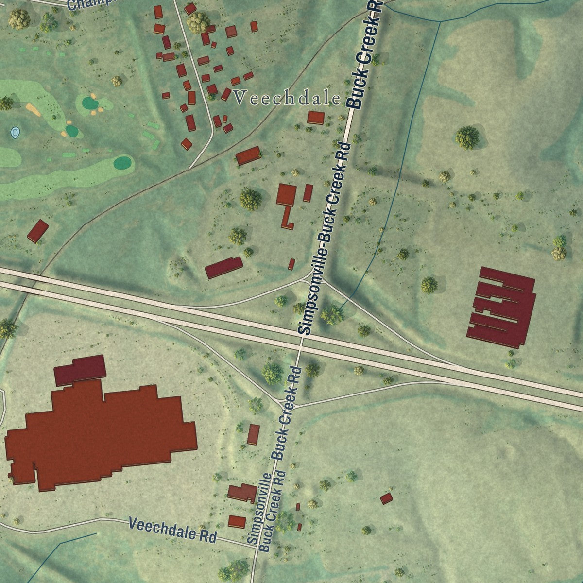 Second close-up of the map of Simpsonville, Kentucky print showing more streets and buildings