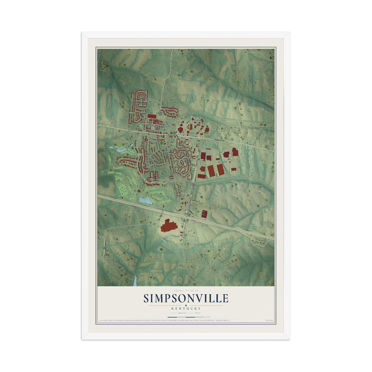 Map of Simpsonville, Kentucky, 12 x 18 inch print in a white wood frame
