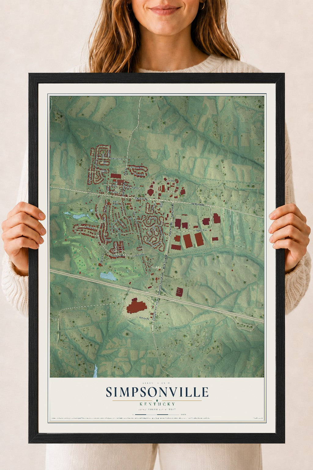 Map of Simpsonville, Kentucky, 18 x 24 inch print in a black wood frame