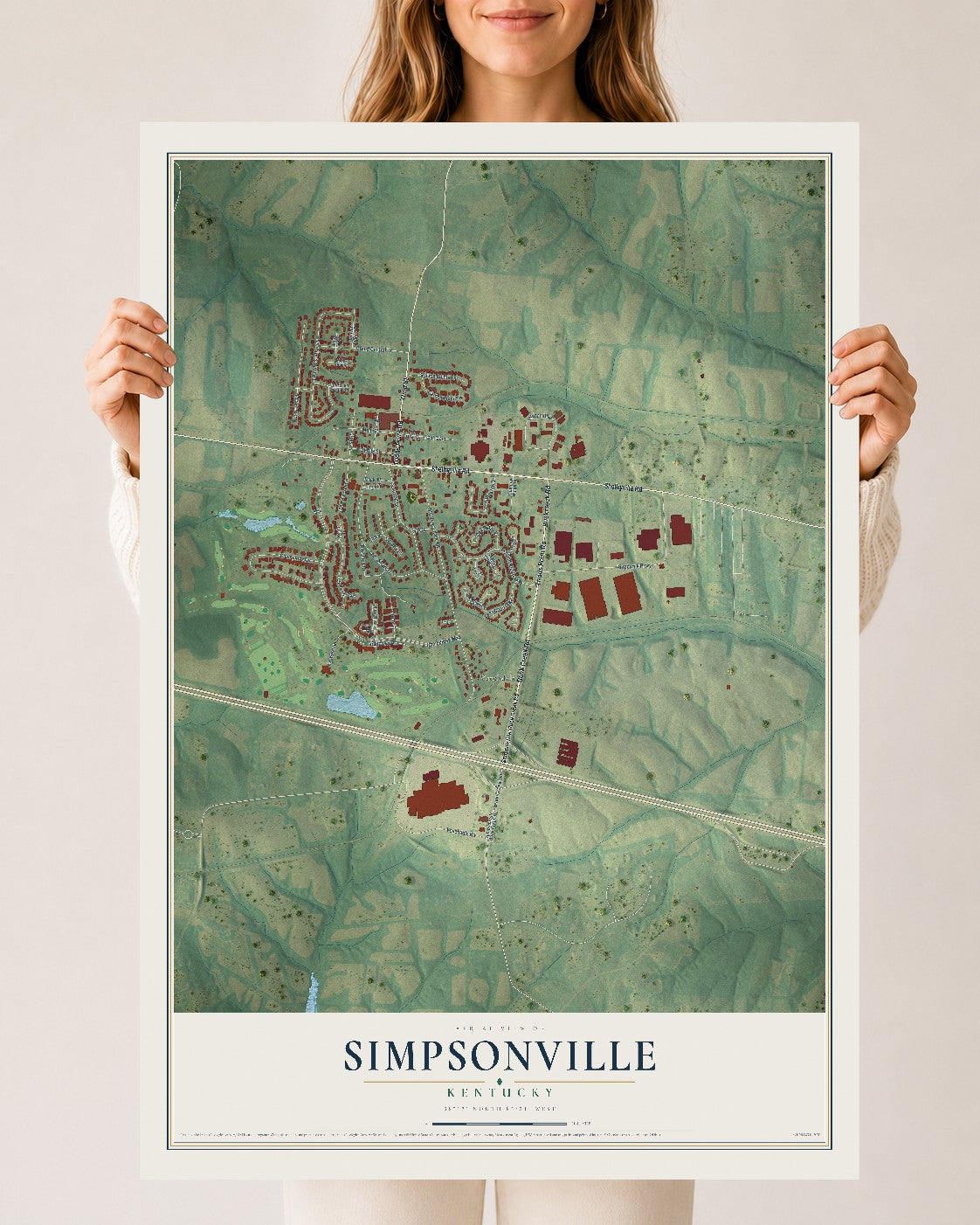 Map of Simpsonville, Kentucky, 24 x 36 inch unframed archival matte print