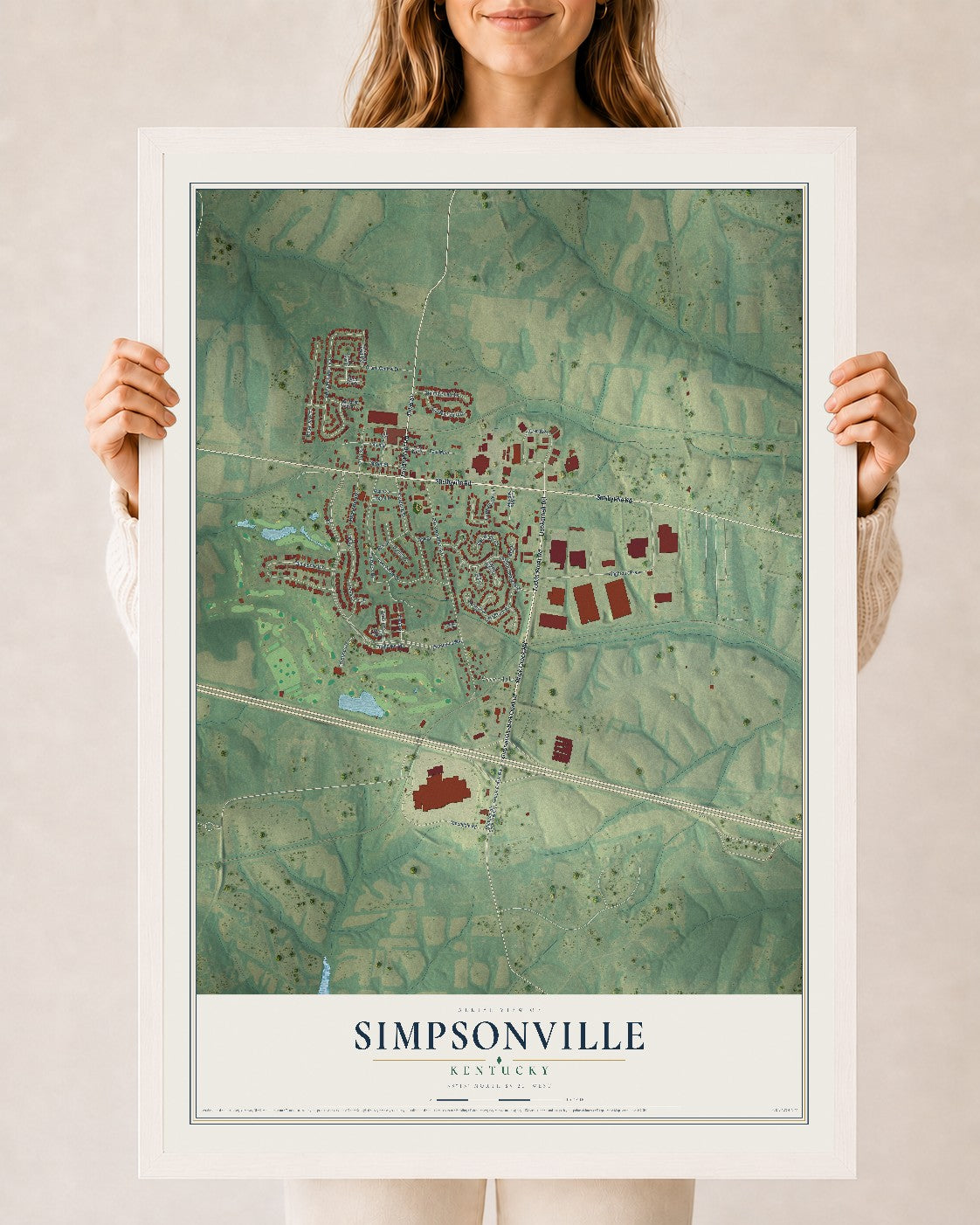 Map of Simpsonville, Kentucky, 24 x 36 inch print in a white wood frame