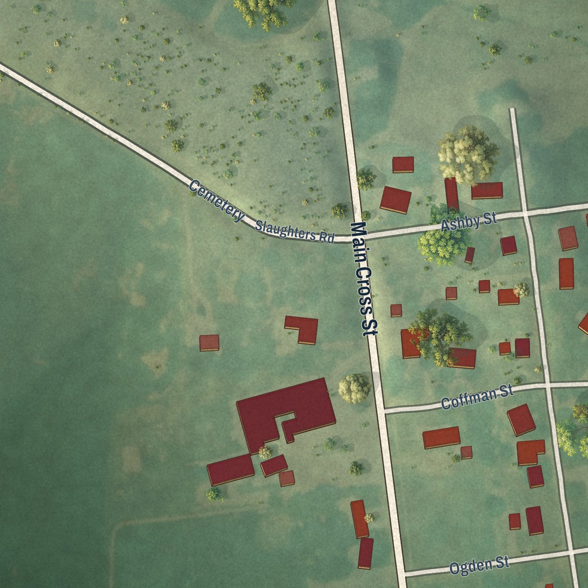 Close-up of the map of Slaughters, Kentucky print showing street and building detail