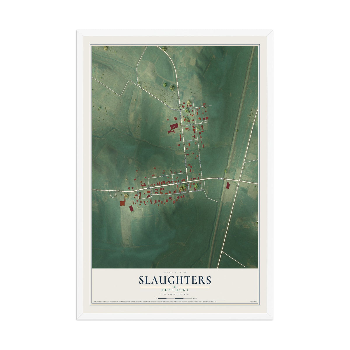 Map of Slaughters, Kentucky, 12 x 18 inch print in a white wood frame