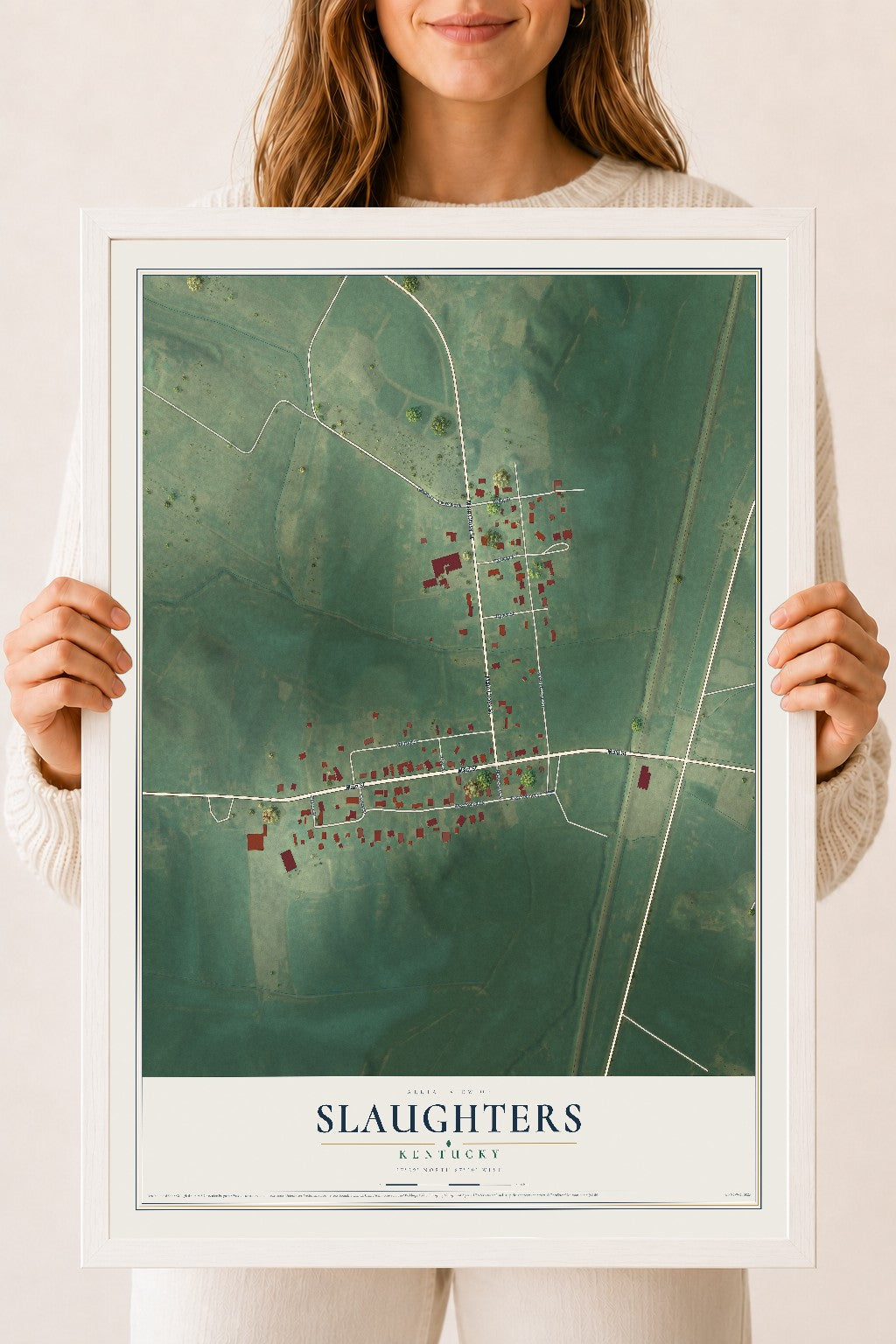 Map of Slaughters, Kentucky, 18 x 24 inch print in a white wood frame