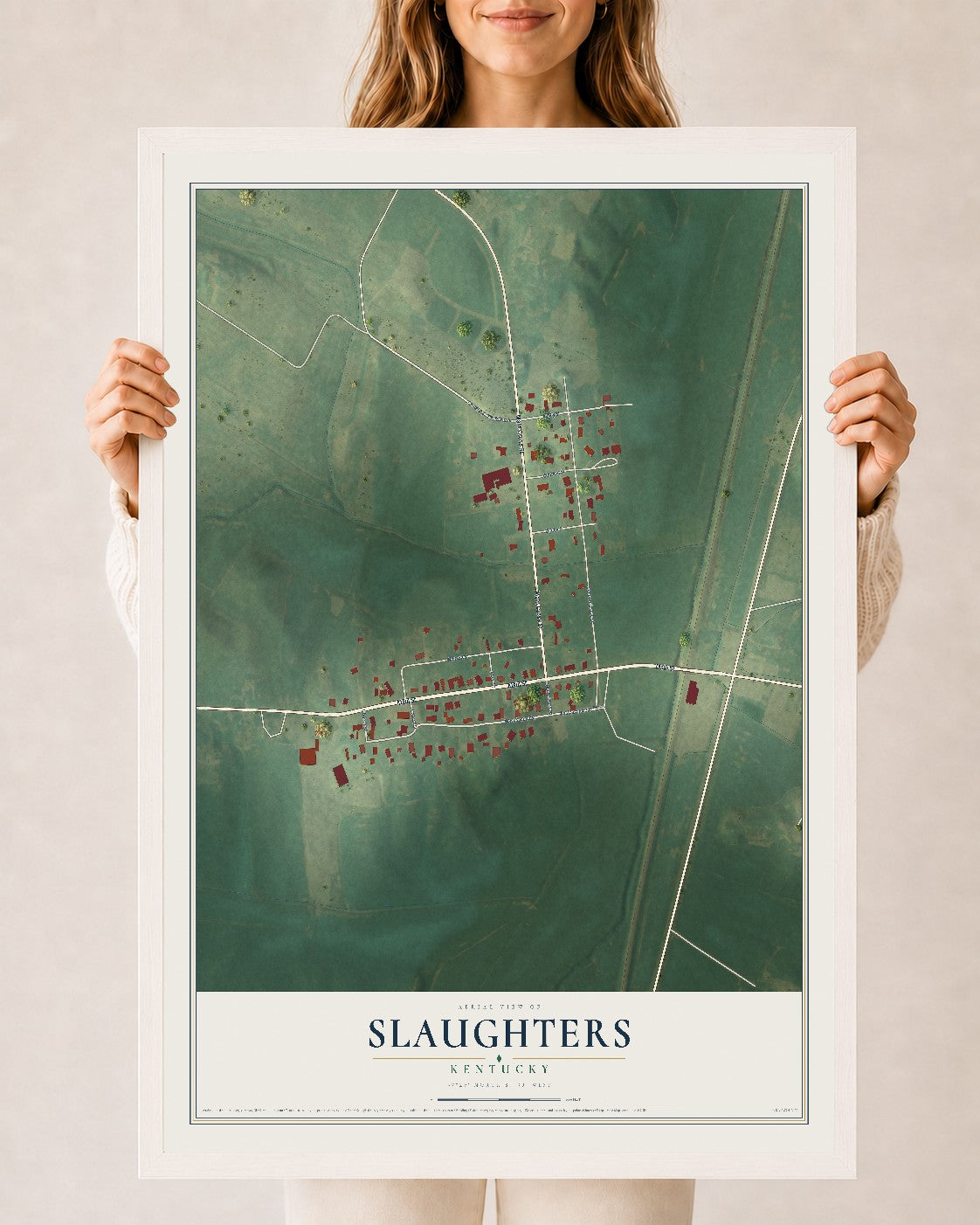 Map of Slaughters, Kentucky, 24 x 36 inch print in a white wood frame