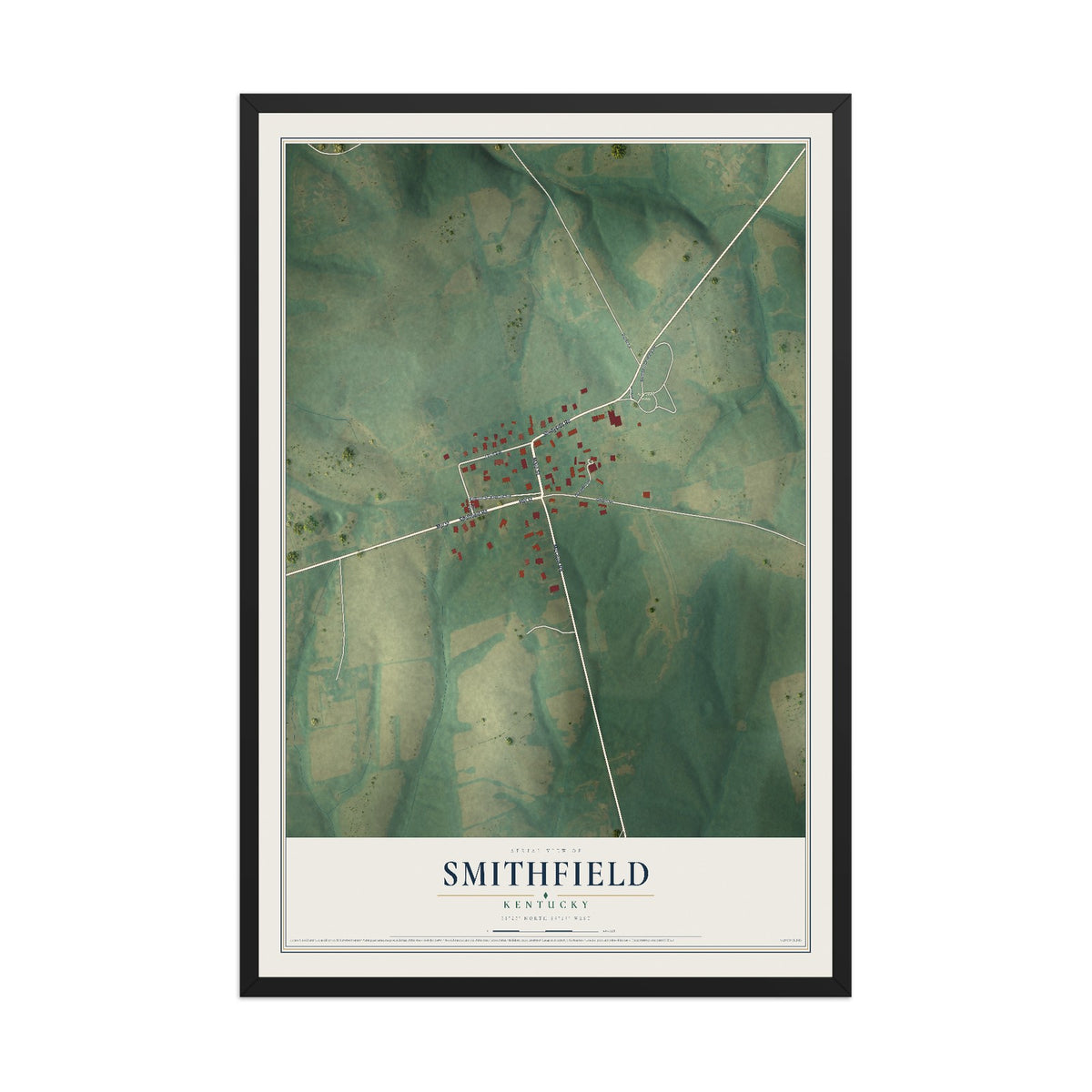 Map of Smithfield, Kentucky, 12 x 18 inch print in a black wood frame
