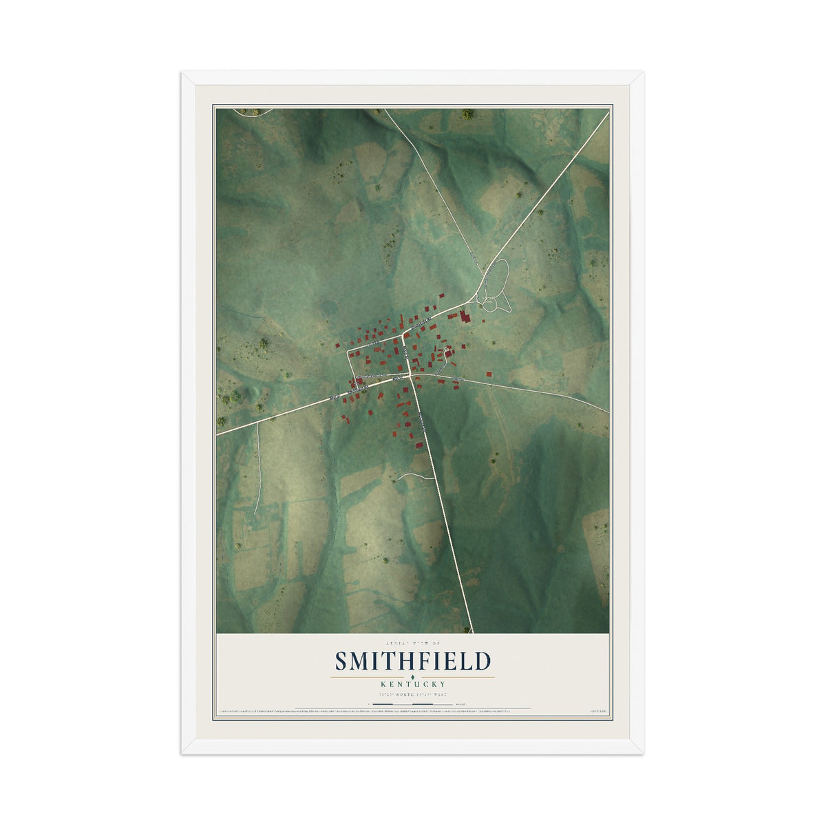 Map of Smithfield, Kentucky, 12 x 18 inch print in a white wood frame