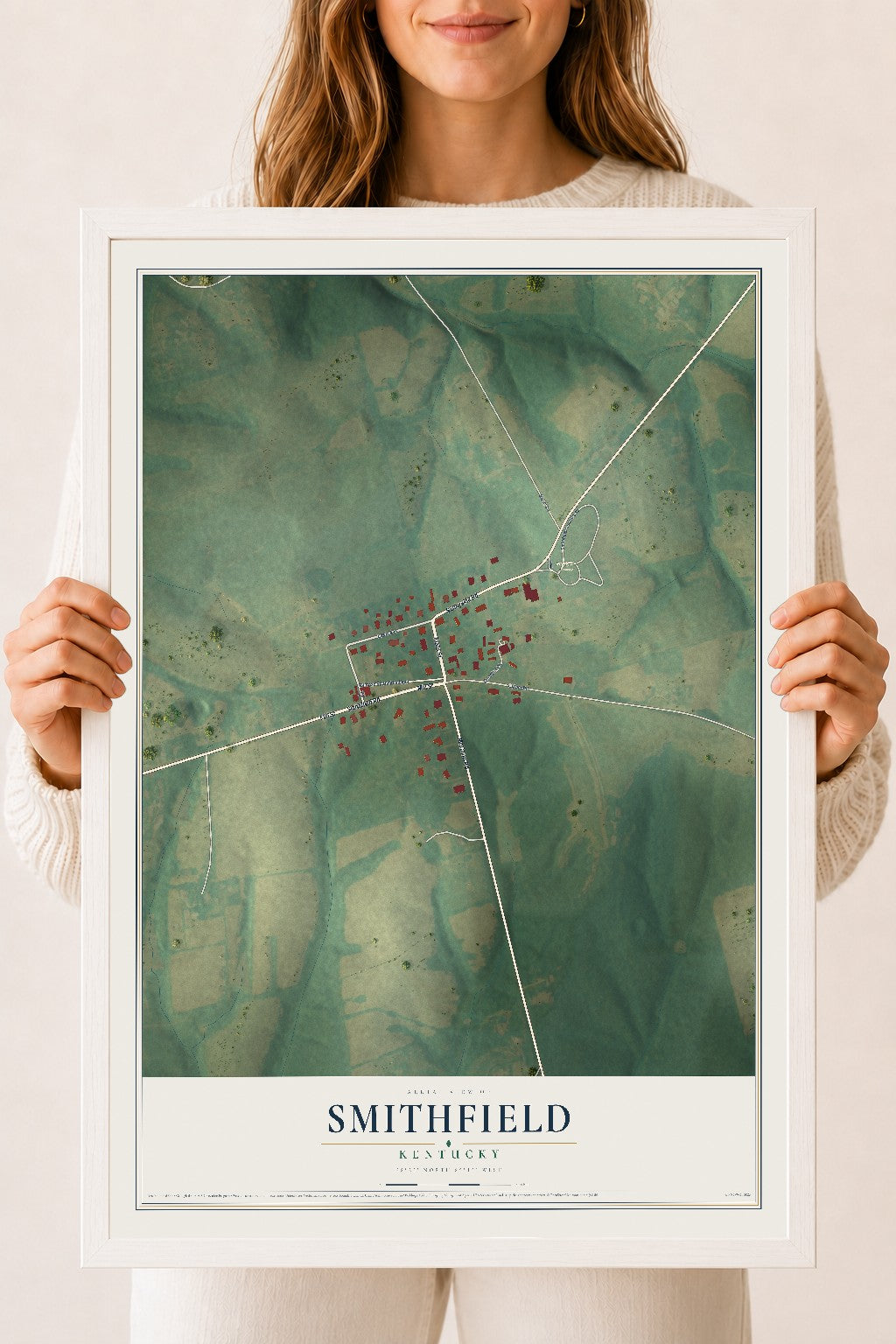 Map of Smithfield, Kentucky, 18 x 24 inch print in a white wood frame
