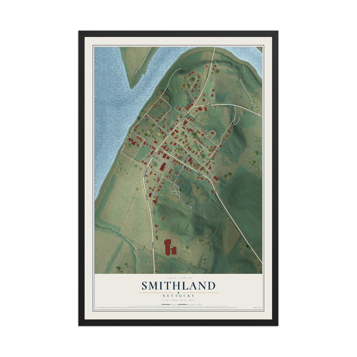 Map of Smithland, Kentucky, 12 x 18 inch print in a black wood frame
